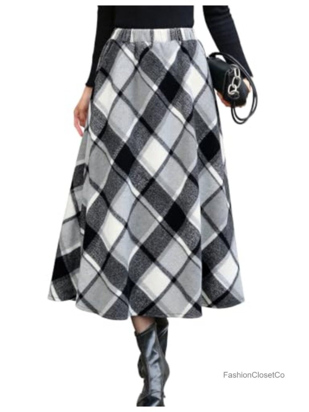 Women's Long Plaid Skirt A-Line Maxi Tartan Wool Blend High Waist with Pockets